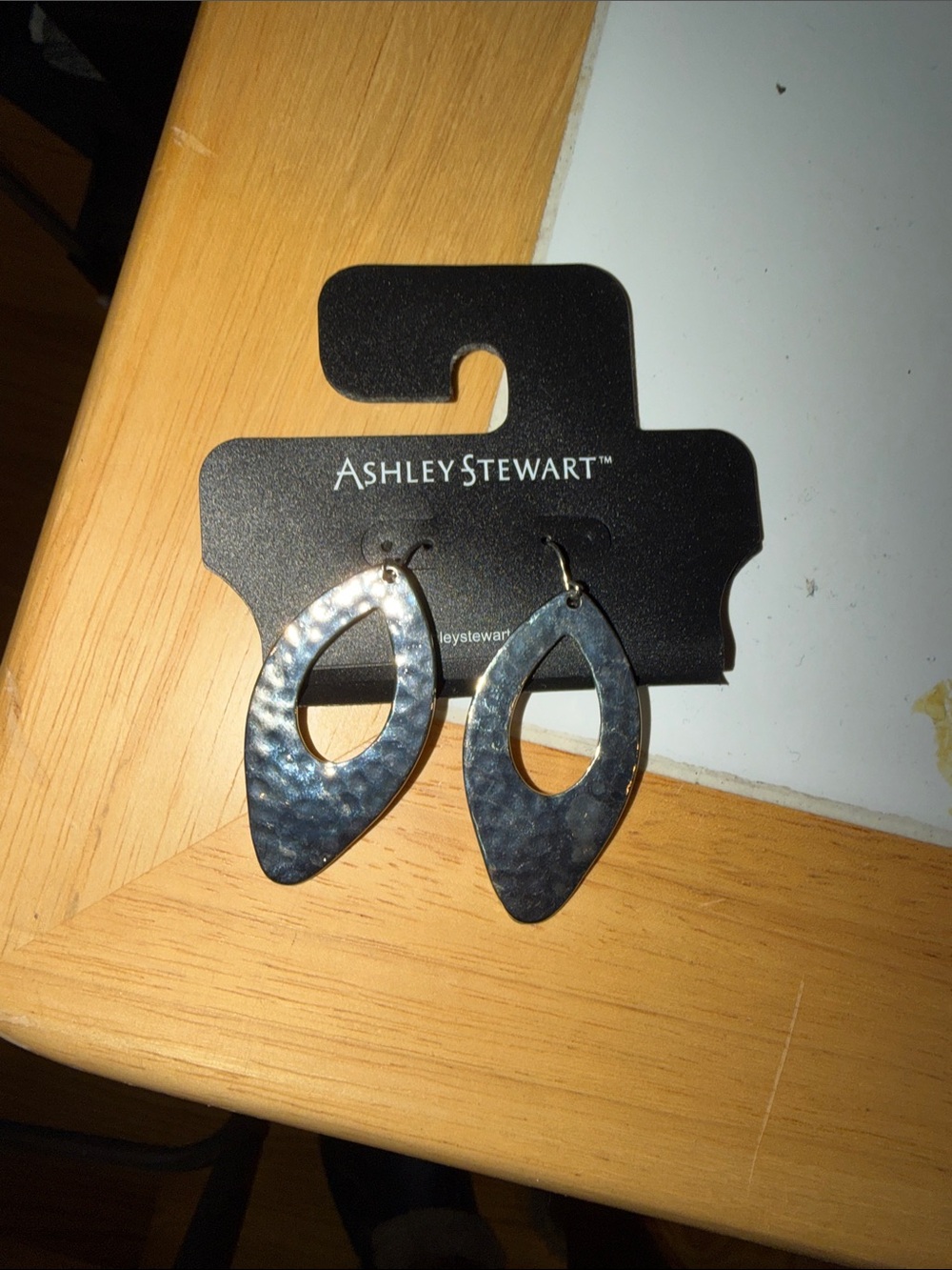 Ashley Stewart Silver Textured Open Marquise Drop Earrings